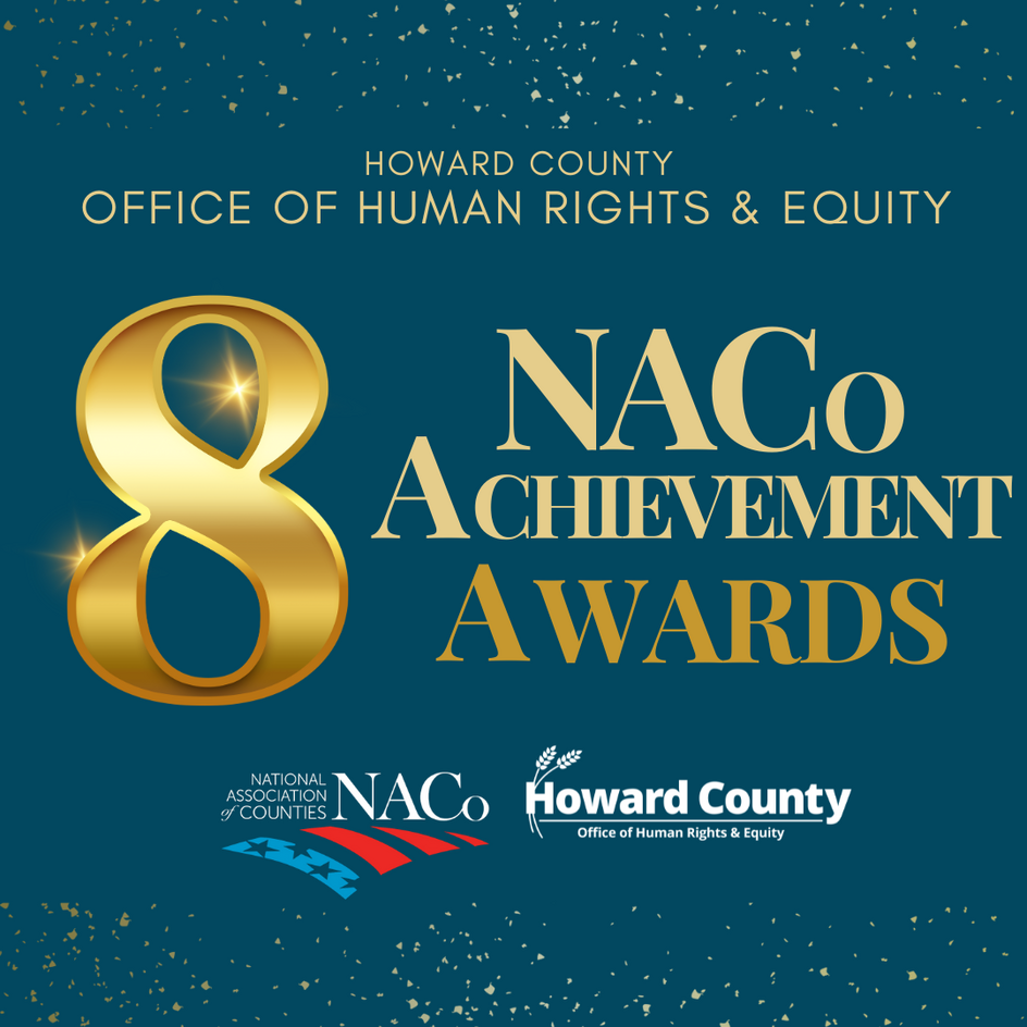 A dark turquoise flyer with gold text reading "8 NACo Achievement Awards"