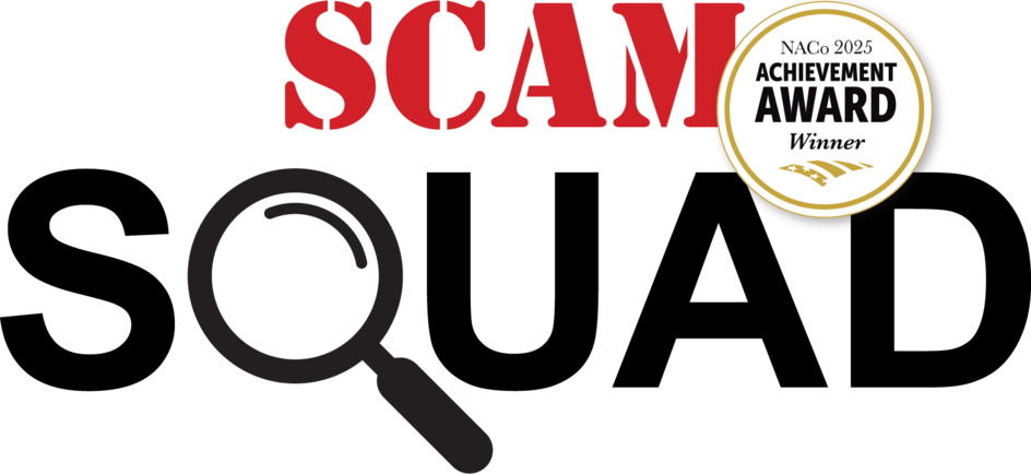 Scam Squad logo with NACo award seal