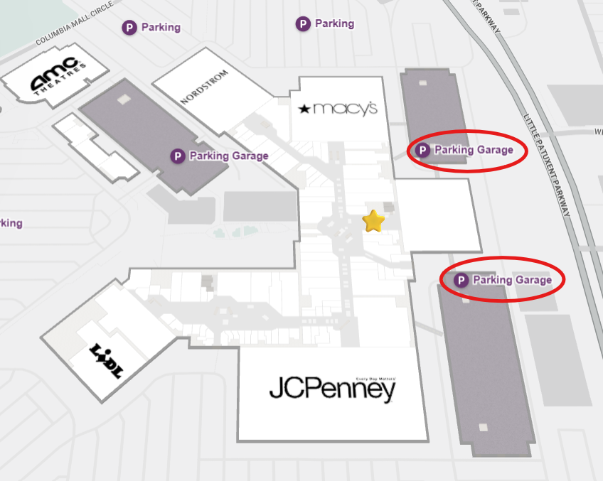 Map of the Mall in Columbia with a star located at the lower center court to show where the event is located within the mall.
