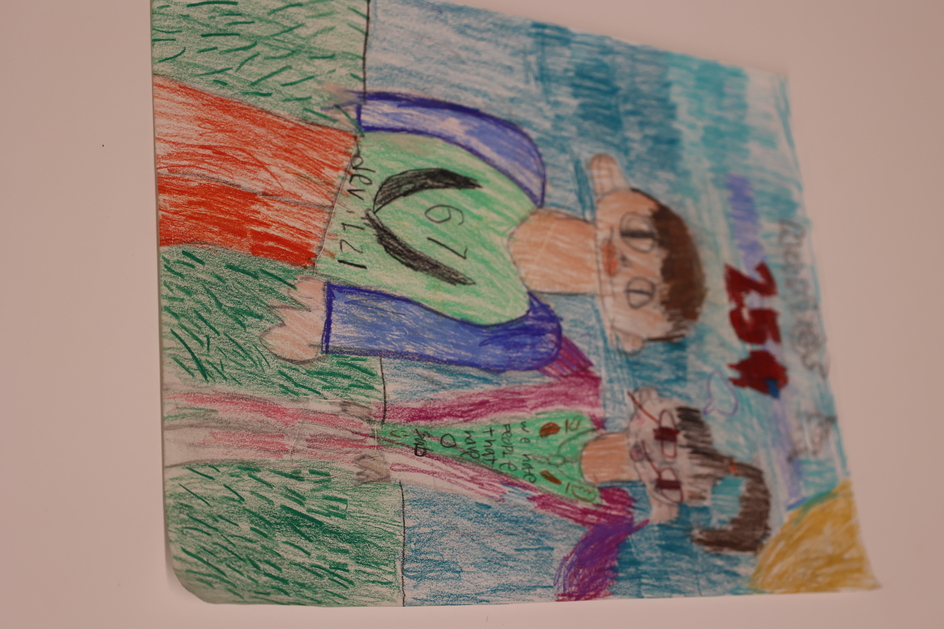 Child's drawing depicting two friends in a garden with blue skies.