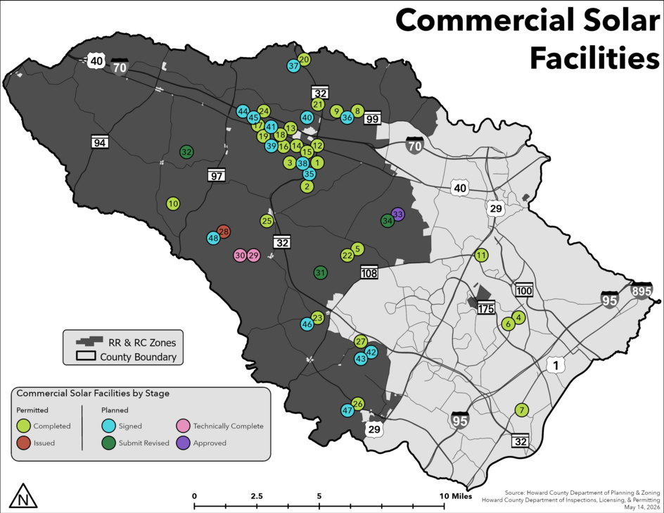 Howard County map identifying locations of commercial solar facilities