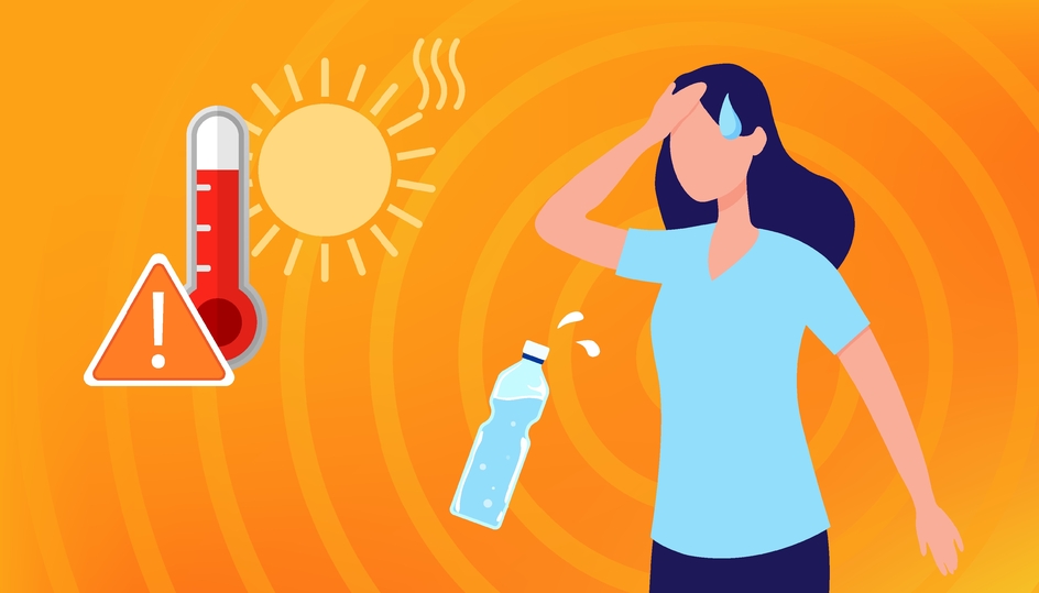 Illustration of a woman sweating under a hot sun with a thermometer, warning sign, and a water bottle, indicating high temperature and heat safety.