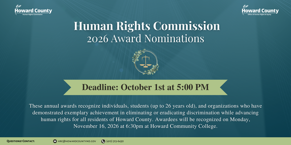 A dark blue and green flyer for the Human Rights Commission 2026 Award Nominations (Deadline: October 1st at 5:00p.m.)