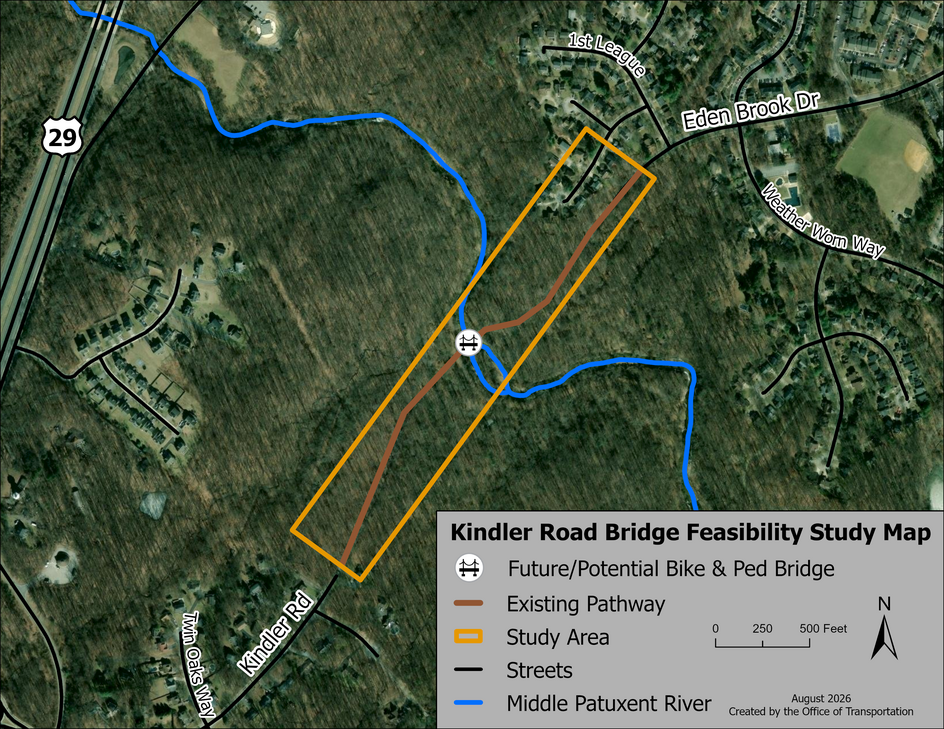 A map showing the area of the Kindler Road Bridge Feasibility Study, including existing pathway between Kindler Rd and Eden Brook Dr, as well as the Middle Patuxent River. MD-29 is also visible to the west.