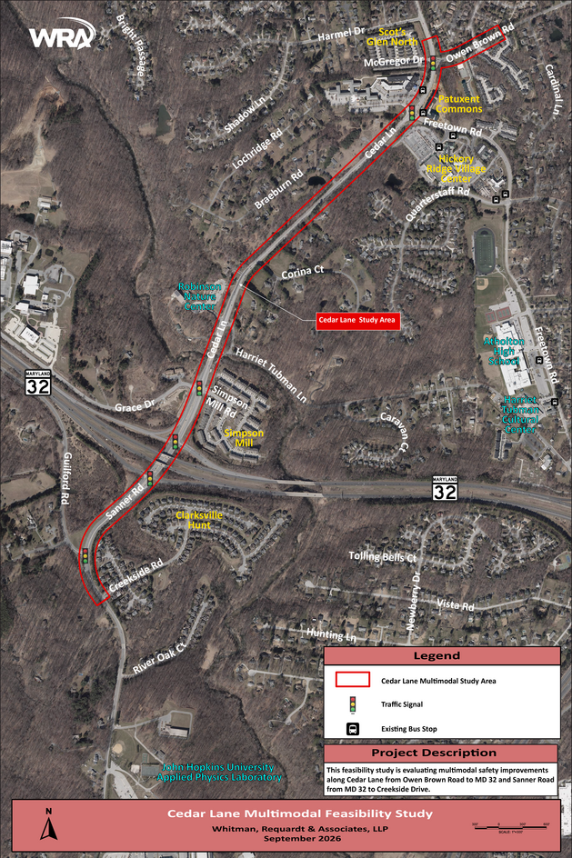 A map display of the Cedar Lane pedestrian/bike feasibility study area, from Owen Brown Rd to Creekside Rd.