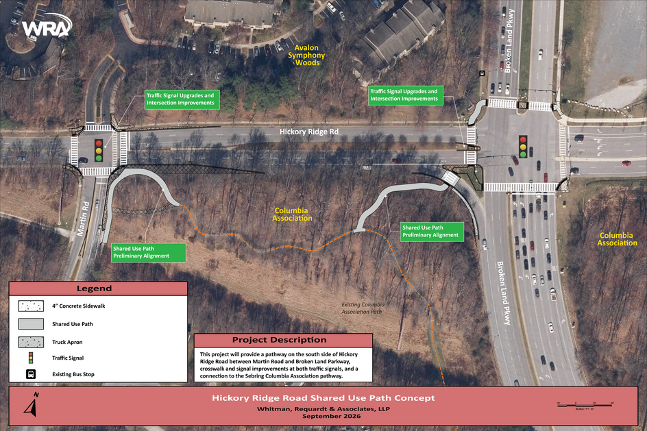 A display map of the Hickory Ridge Road Pathway Design, showing pathway connections and crossing improvements at Hickory Ridge Road's intersections with Martin Road and Broken Land Parkway.