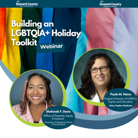 A flyer for "Building and LGBTQIA+ Holiday Toolkit Webinar" featuring a photo of a woman with light brown skin and pink highlighted black hair, and a woman with white skin, glasses, and dark brown hair. 