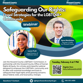 An event flyer featuring Byron Macfarlane, a person with short straight hair wearing a blue blazer and a blue tie, and Lauren Pruitt, a person with short curly hair wearing a brown blazer. Onscreen text reads: Safeguarding Our Rights: Legal Strategies for the LGBTQIA+ Community Webinar, Tuesday, February 4 at 7PM.