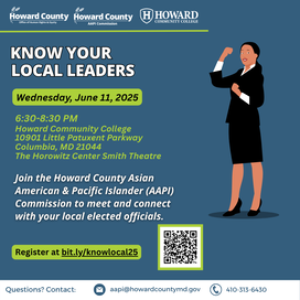 A blue, white, and green flyer featuring a graphic of a woman in a business suit. Onscreen text reads: Know Your Local Leaders, Wednesday, June 11, 2025.