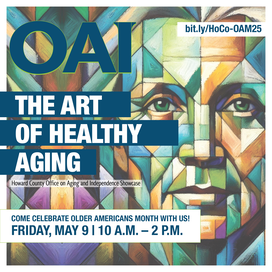 Cubist older adult woman with the words OAI: The art of healthy aging showcase on Friday May 9 from 10 am to 2 pm