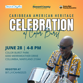 Yellow and green banner for the Caribbean American Heritage Celebration on June 28 at Color Burst Park