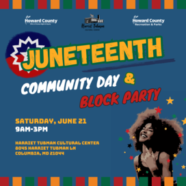 A blue flyer with green and gold text with a Black woman with throwing her head back and laughing