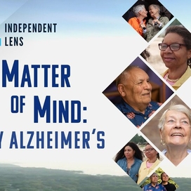 Text saying Matter of Mind: My Alzheimer's with 6 photos of older adults in diamond shapes.