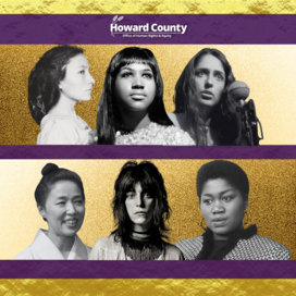 A purple and gold flyer featuring black and white photos of six musicians and women's right's activists. 