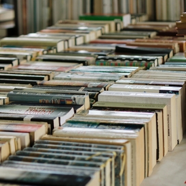 Many books lined up in a row on a table.