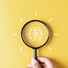 Drawing of a brain with a magnifying glass over top on a bright yellow background.