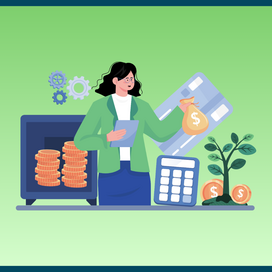 A graphic of a person with shoulder-length hair completing financial tasks on a green background. 