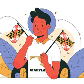 Cartoon figure holding two small Maryland flags