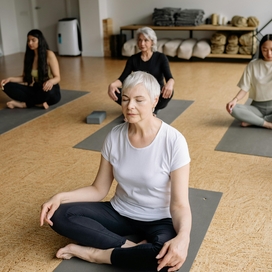 Older woman with white hair and glasses looking at a photo album on a couch with a younger woman with blonde hair.