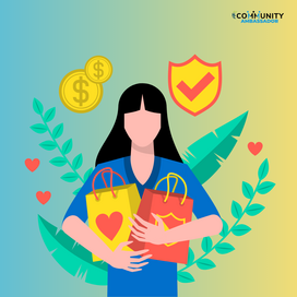 A graphic of a woman holding shopping bags with coins and a check mark above her head. 