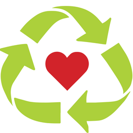 Recycle symbol with a red heart in the middle for DCRS' pre-loved giveaway event