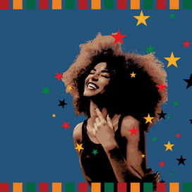 A light skinned Black woman with an afro wearing a black tank top smiles joyfully. 