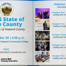 A promotional graphic for the '2026 State of The County: The Story of Howard County' address. The left side features the Howard County seal, event details for September 30 at 6:00 p.m. at the Smith Theatre, Howard Community College, an RSVP link, and the Calvin Ball County Executive logo. The right side is stylized as a book index titled 'Volume 10 2018-2026' with five chapters: Chapter One: Leading with vision; Chapter Two: Leading through uncertainty; Chapter Three: Leading with boldness; Chapter Four: Le