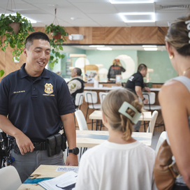 Officer talks to young girl and mom