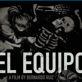 Image of the film poster El Equipo of an archeologist brushing away dirt from skeletal remains..